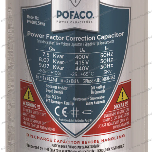 POFACO - Silindir Trifaze Kondansatör 7,5 Kvar 400-440V