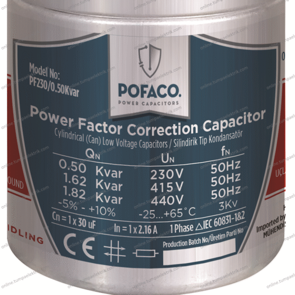 POFACO - Silindir Monofaze Kondansatör 0,50 Kvar 230V