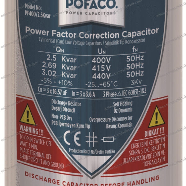 POFACO - Silindir Trifaze Kondansatör 2,5 Kvar 400-440V