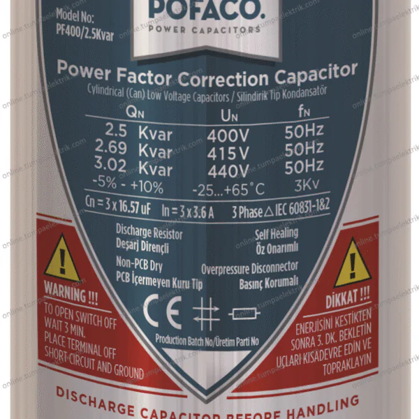POFACO - Silindir Trifaze Kondansatör 2,5 Kvar 400-440V