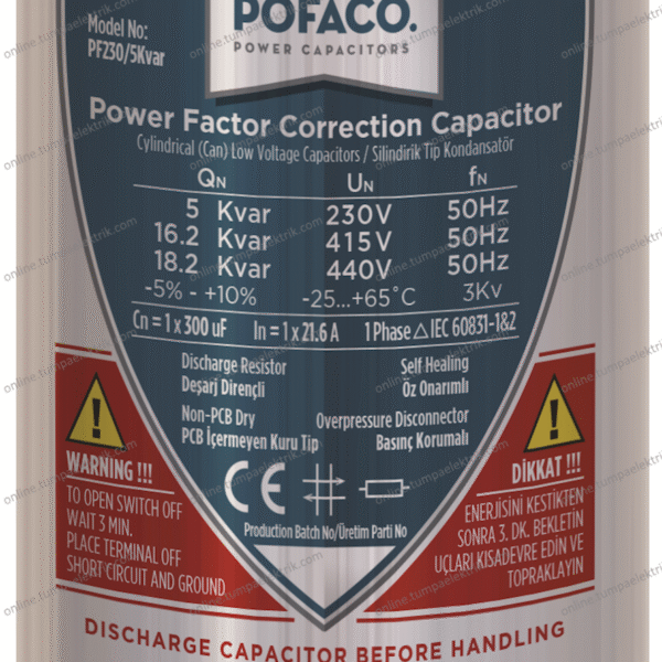 POFACO - Silindir Monofaze Kondansatör 5 Kvar 230V