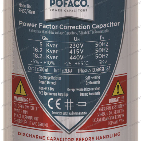 POFACO - Silindir Monofaze Kondansatör 5 Kvar 230V
