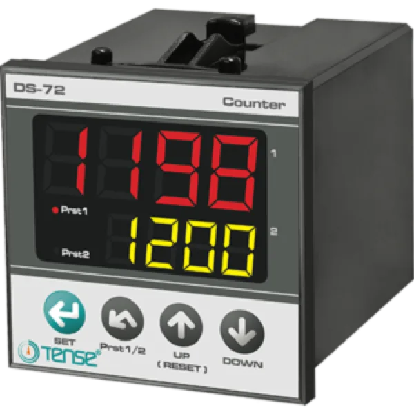 Tense DS-72 72x72 ebatlarında, Çift SET’li, çift çıkışlı, CP1, CP2, RESET girişli, kuru kontak, proximity ve encoder gir