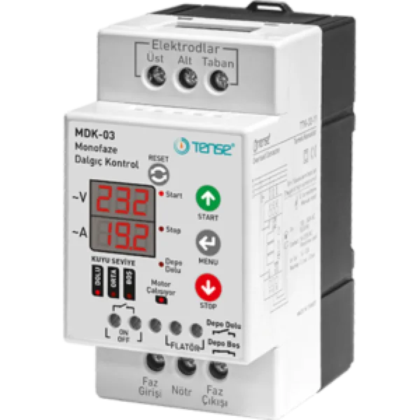 Tense MDK-03 Dijital Kontaktörlü Monofaze Dalgıç Kontrol Rölesi (1-30 A Direkt Çalışma) (150-270 V AC)Ray Tipi Gövde