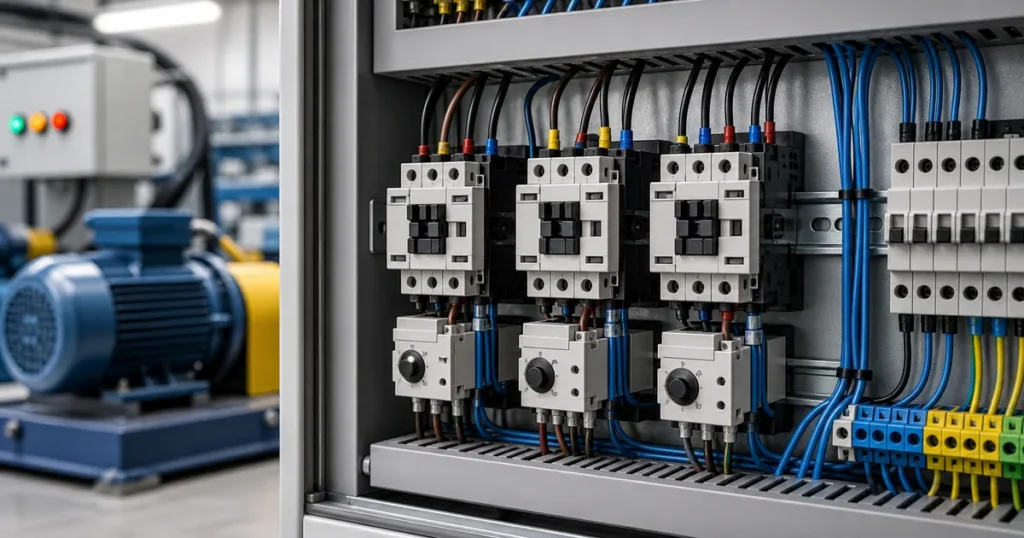 Kontaktör ve motor starter bağlantıları bulunan elektrik panosu