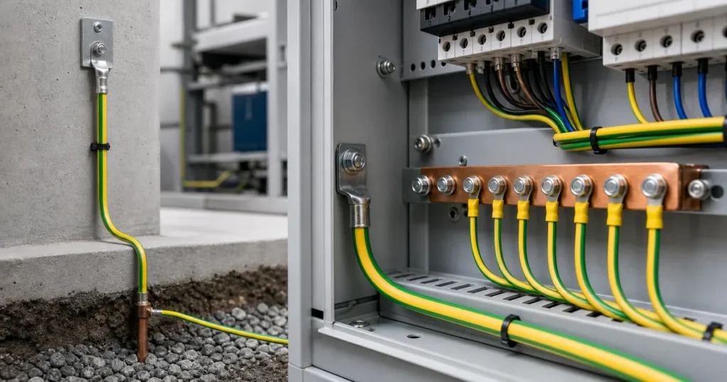 Elektrik panosunda güvenli topraklama barası ve bağlantıları