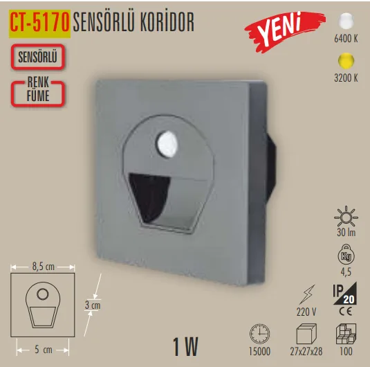 Cata CT-5170FB 1W Sensörlü Koridor Armatür Füme Kasa (Beyaz) Cata CT-5170FB 1W Sensörlü Koridor Armatür Füme Kasa (Beyaz) - Görsel 1