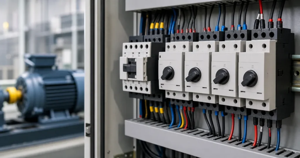 Motor kontrol panosunda motor koruma şalteri ve düzenli bağlantılar