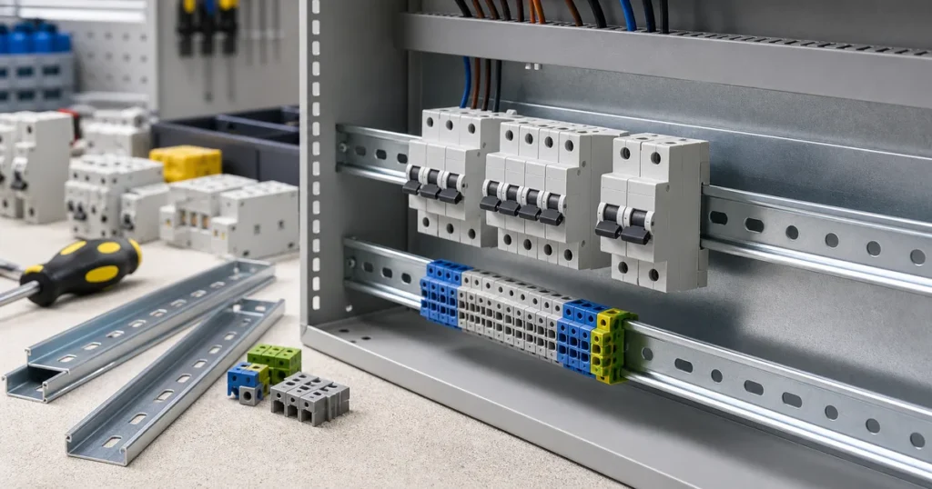 Elektrik panosunda W otomat rayı ve modüler cihaz montajı