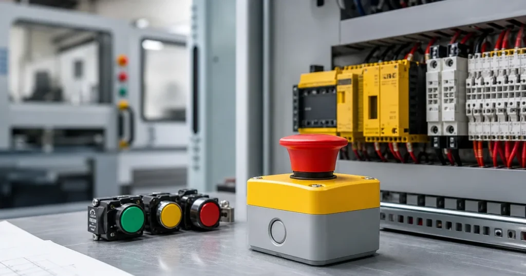 Makine güvenliği için acil stop butonu ve kontrol panosu