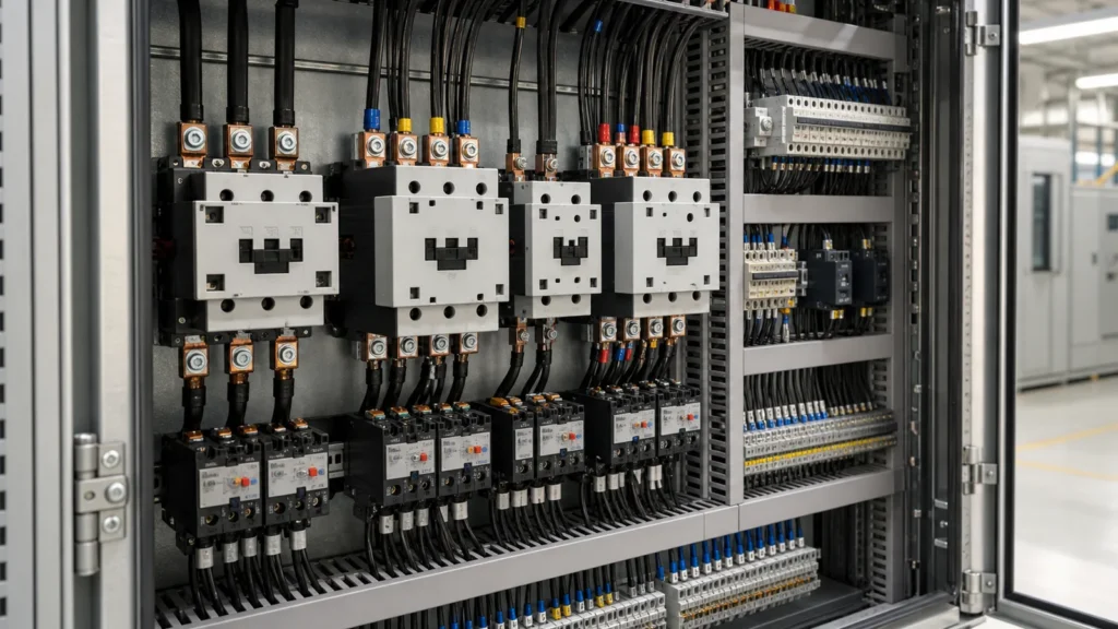 Motor kontrol panosunda güç kontaktörleri ve termik röle bağlantıları