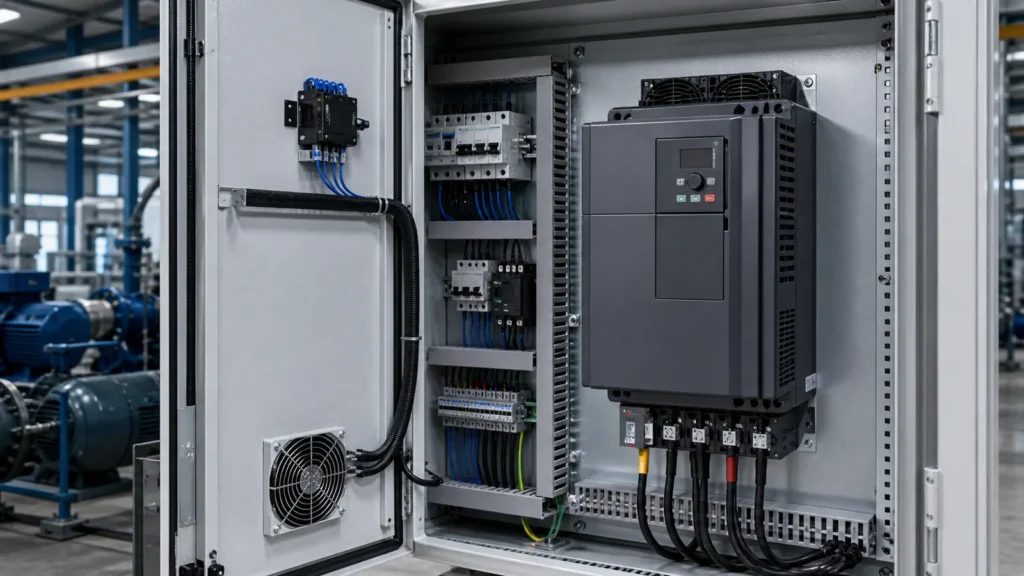 Endüstriyel panoda hız kontrol cihazı ve motor güç bağlantıları