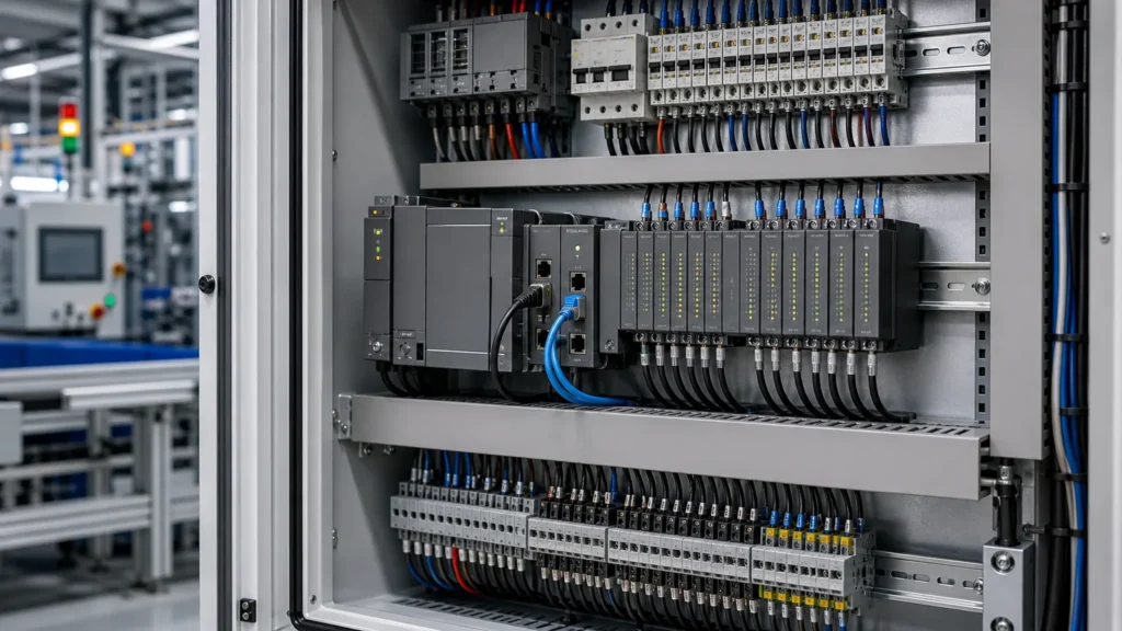Otomasyon panosunda PLC modülleri, Ethernet gateway ve dijital giriş çıkış bağlantıları
