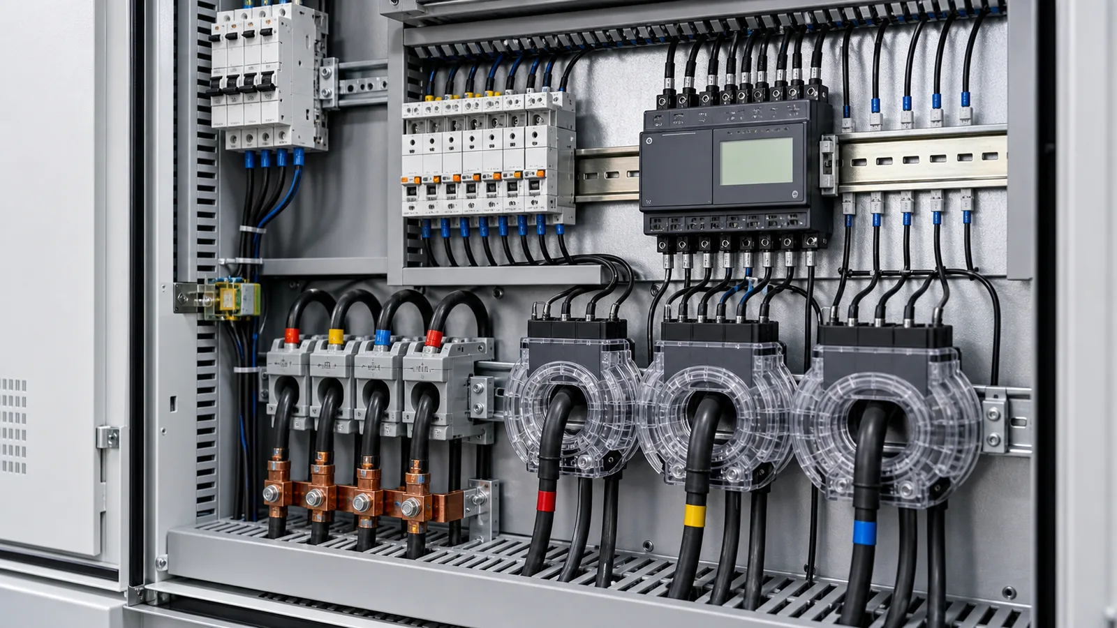 Pano içinde toroidal akım trafoları, güç kabloları ve ölçüm modülü bağlantıları
