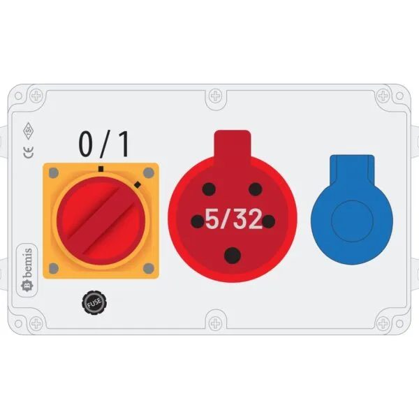 Bemis 5/32A 380V IP44 1 Adet 1/16A 220V IP44 1 Adet Prizli Termal Sigortalı Şalterli Kulpsuz Powerbox IP44