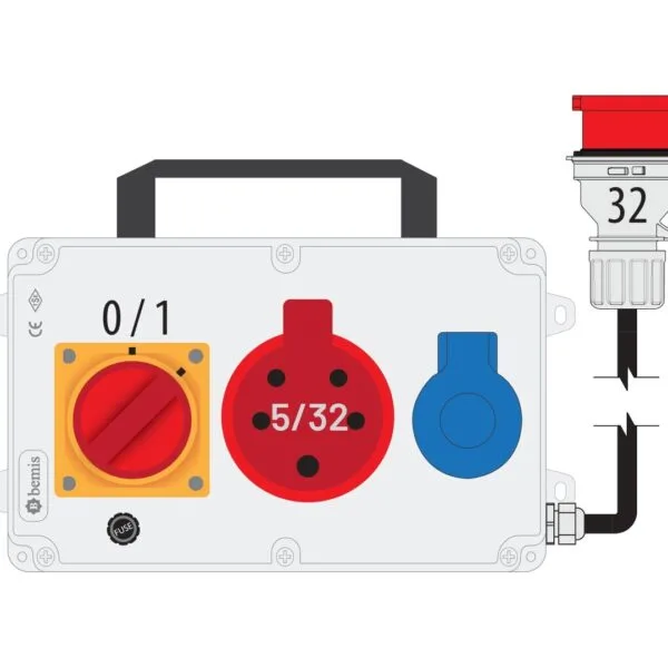 Bemis 5/32A 380V IP44 1 Adet 1/16A 220V IP44 1 Adet Prizli Termal Sigortalı Şalterli Kulplu 5/32A Fişli Powerbox IP44