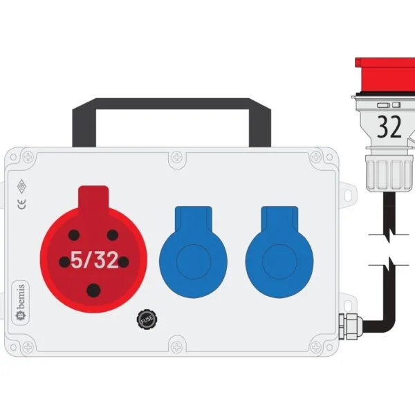 Bemis 5/32A 380V IP44 1 Adet 1/16A 220V IP44 2 Adet Prizli Termal Sigortalı Kulplu 5/32A Fişli Powerbox IP44