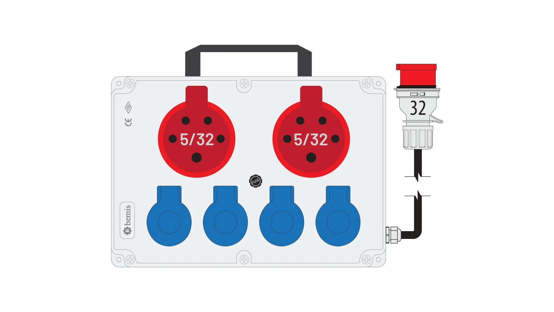 Bemis BKP38229-4003 Bemis 5/32 380V IP44 2 Adet 1/16A 220V IP44 4 Adet Prizli Termal Sigortalı Kulplu 5/32A Fişli Powerbox IP44