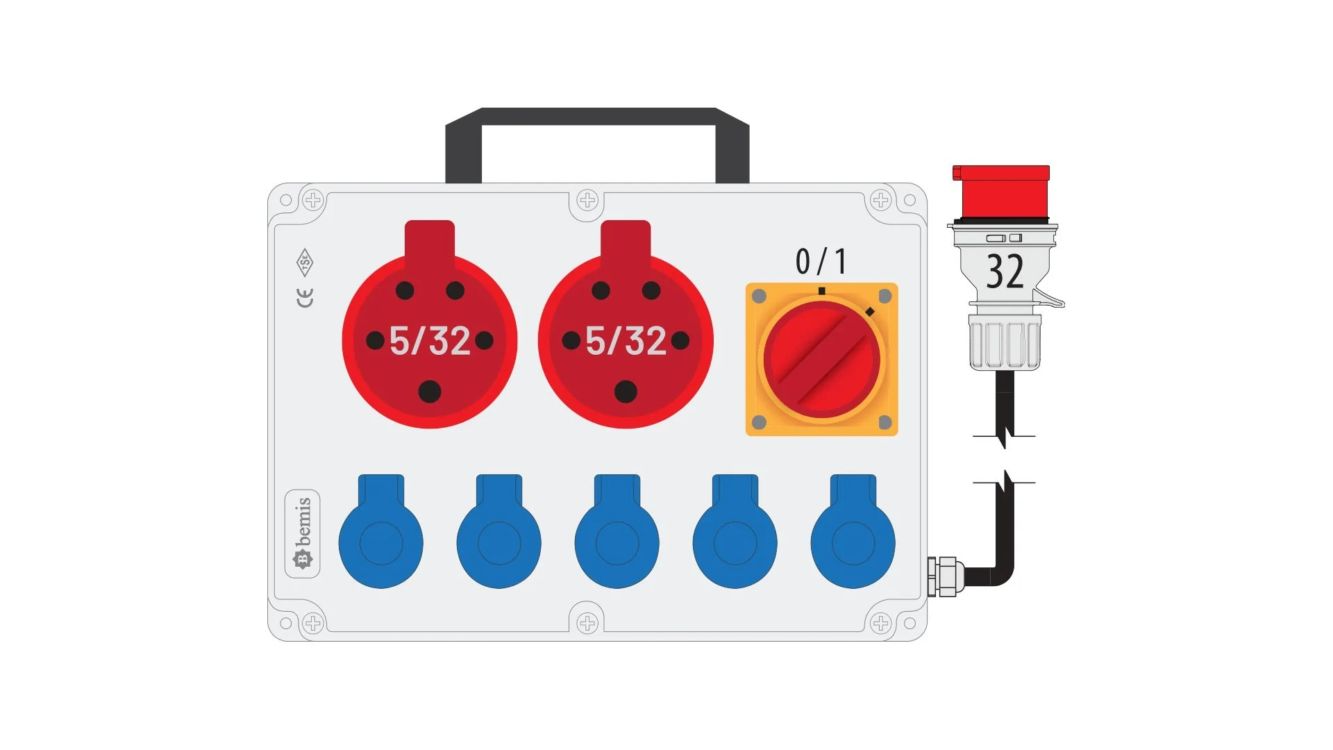 Bemis BKP38229-5008 Bemis 5/32 380V IP44 2 Adet 1/16A 220V IP44 5 Adet Prizli Şalterli Kulplu 5/32A Fişli Powerbox IP44