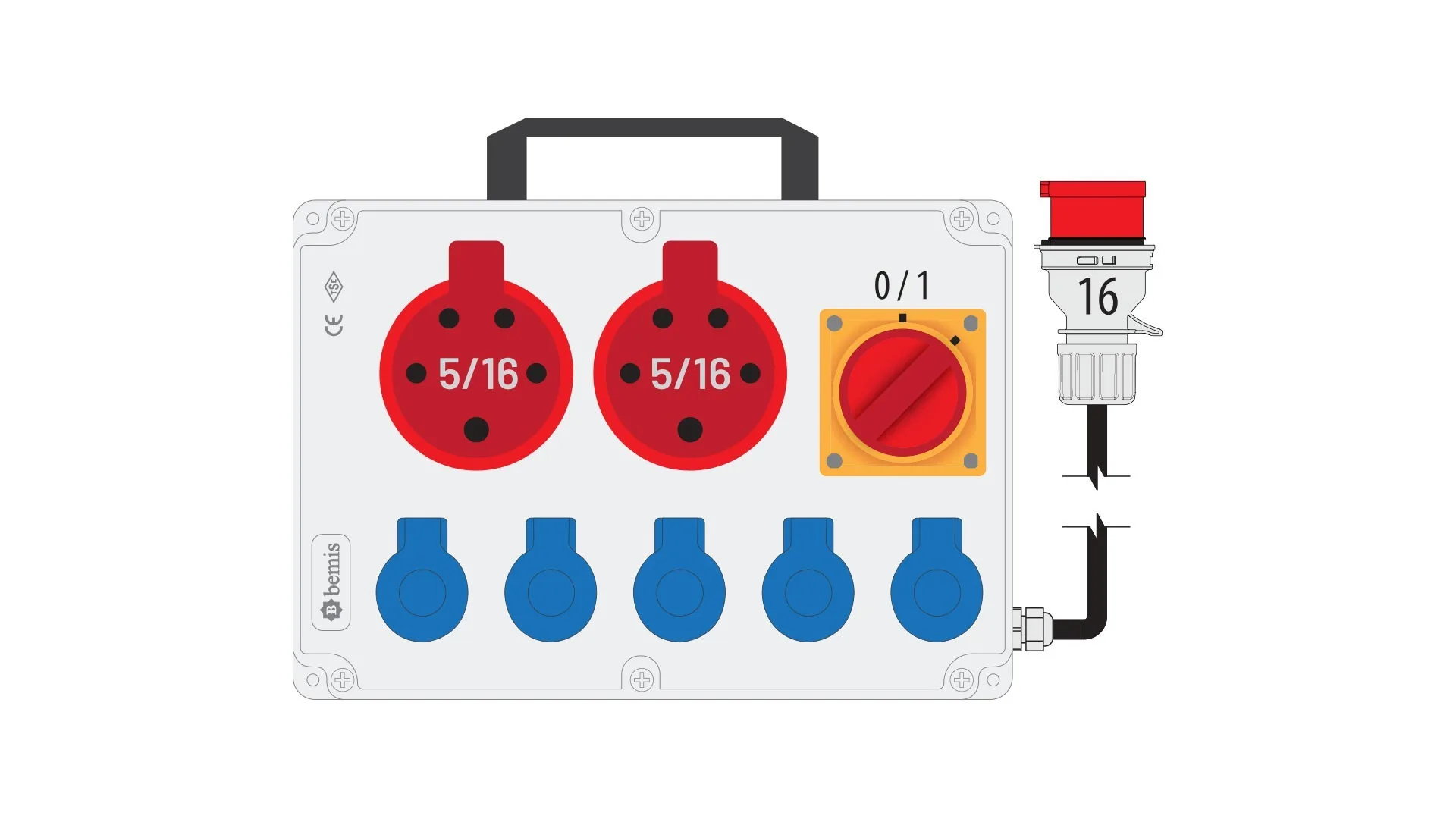 Bemis BKP78226-5008 Bemis 5/16 380V IP44 2 Adet 1/16A 220V IP44 5 Adet Prizli Şalterli Kulplu 5/16A Fişli Powerbox IP44