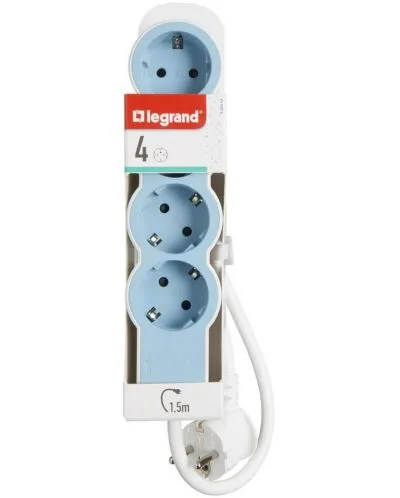 Legrand 694554 Standart Grup Prizler, 16 A, 3680 W, 4 X 2P+E Çıkışlı, 3 X 1,5 MM2 Kesitli 1,5M Uzunlukta Kablo, Beyaz/açık Mavi